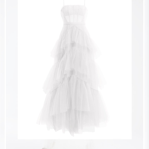BCBGMAXAZRIA White Oly Tiered Ruffle Tulle Evening Gown - Picture 2 of 10